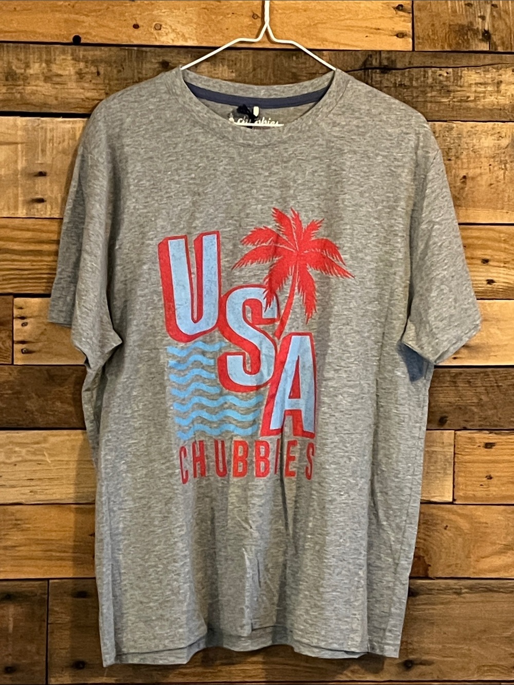Chubbies Gray Tee with Red & Light Blue USA Palm Graphic